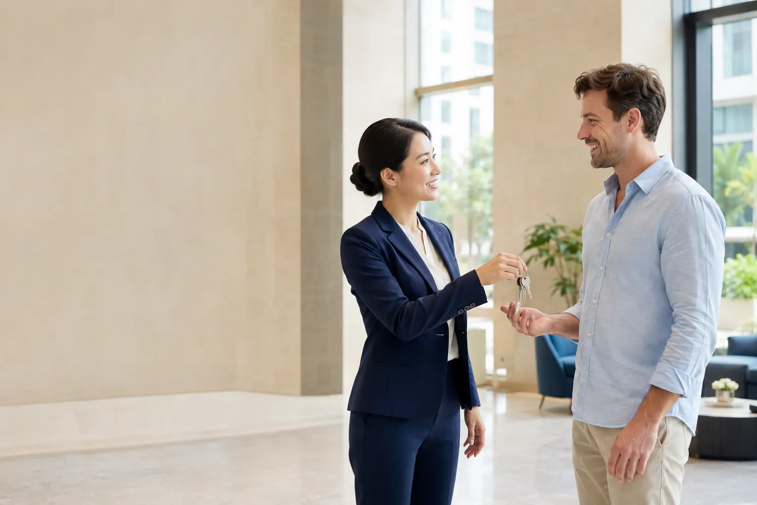 JHouse advisor welcoming a new renter with apartment keys