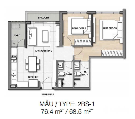 Layout type 2 bedroom apartment in palm heights district 2