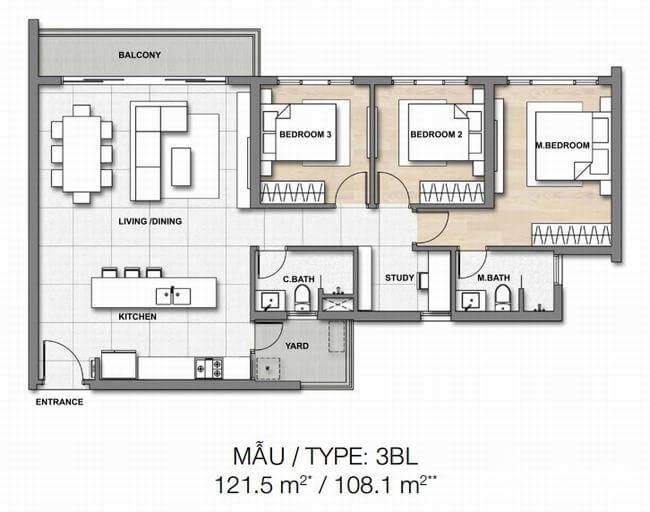 Layout type 3 bedroom apartment 121 sqm in palm heights district 2